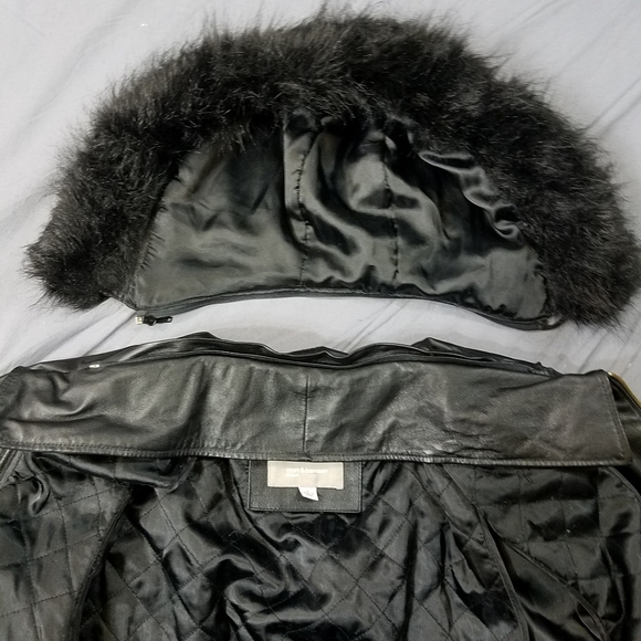 Coft & Barrow black leather winter jacket with removable faux fur trimmed hood. - Picture 11 of 13